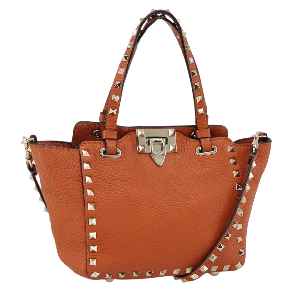 VALENTINO Studs Hand Bag Leather 2way Gold Orange brown Auth BA11416
