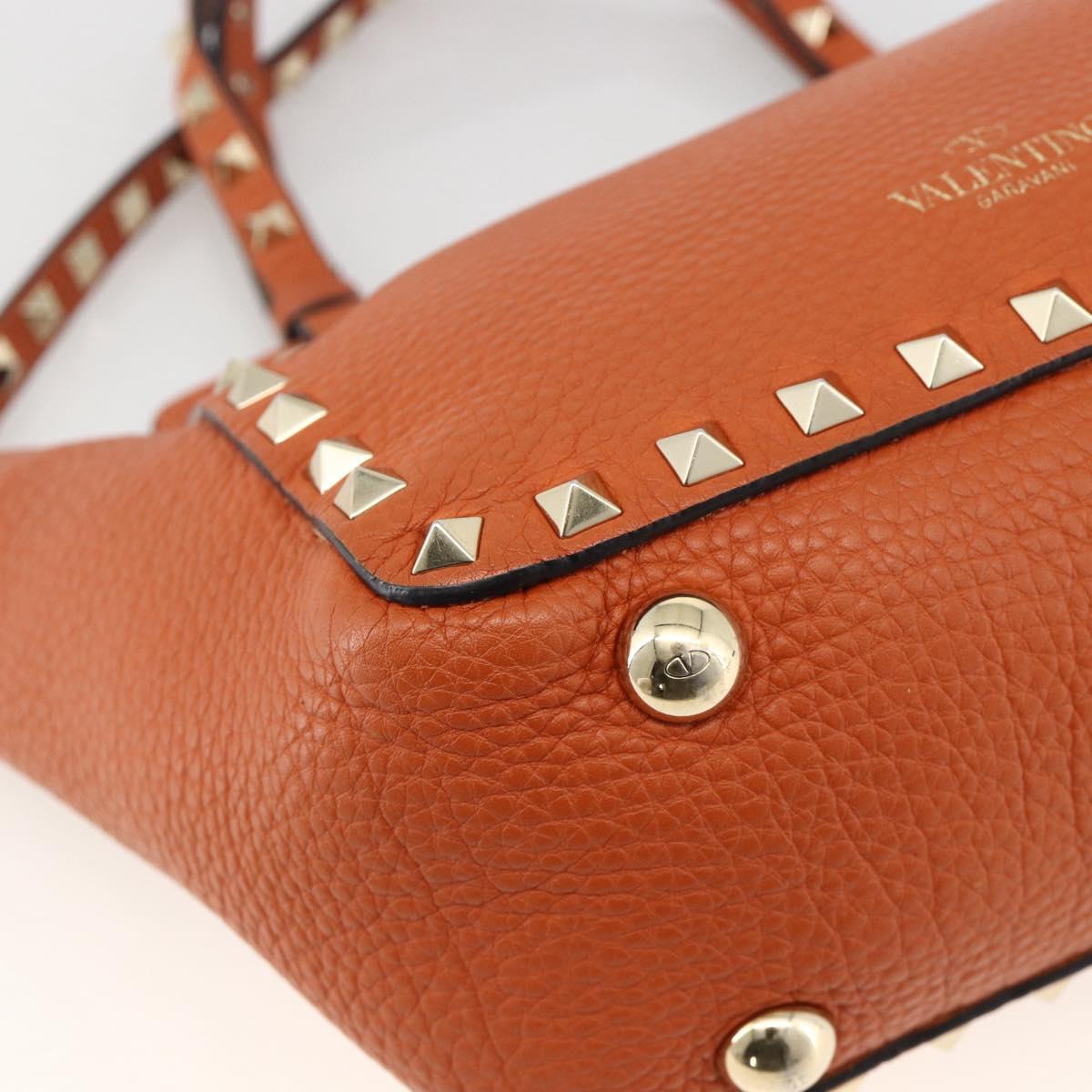 VALENTINO Studs Hand Bag Leather 2way Gold Orange brown Auth BA11416