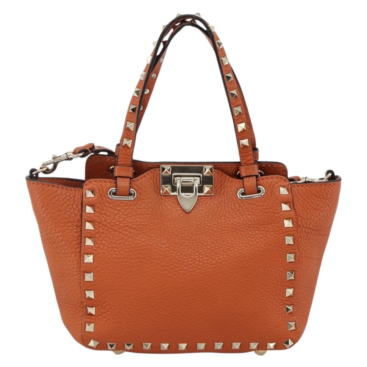 VALENTINO Studs Hand Bag Leather 2way Gold Orange brown Auth BA11416