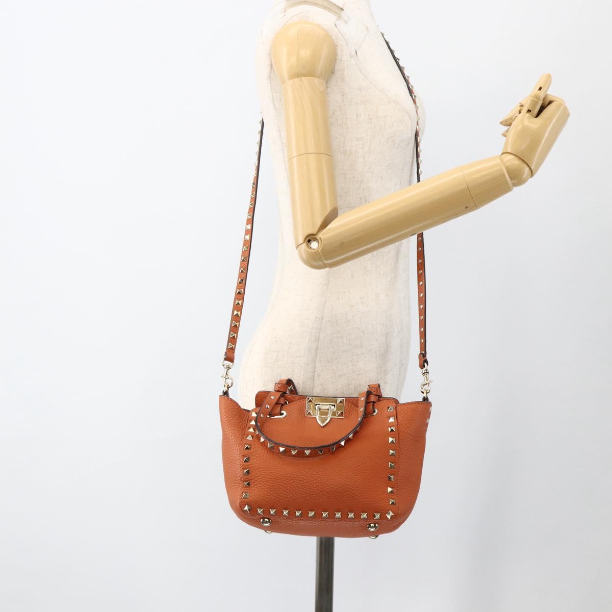VALENTINO Studs Hand Bag Leather 2way Gold Orange brown Auth BA11416