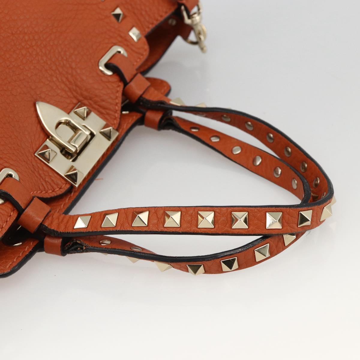 VALENTINO Studs Hand Bag Leather 2way Gold Orange brown Auth BA11416