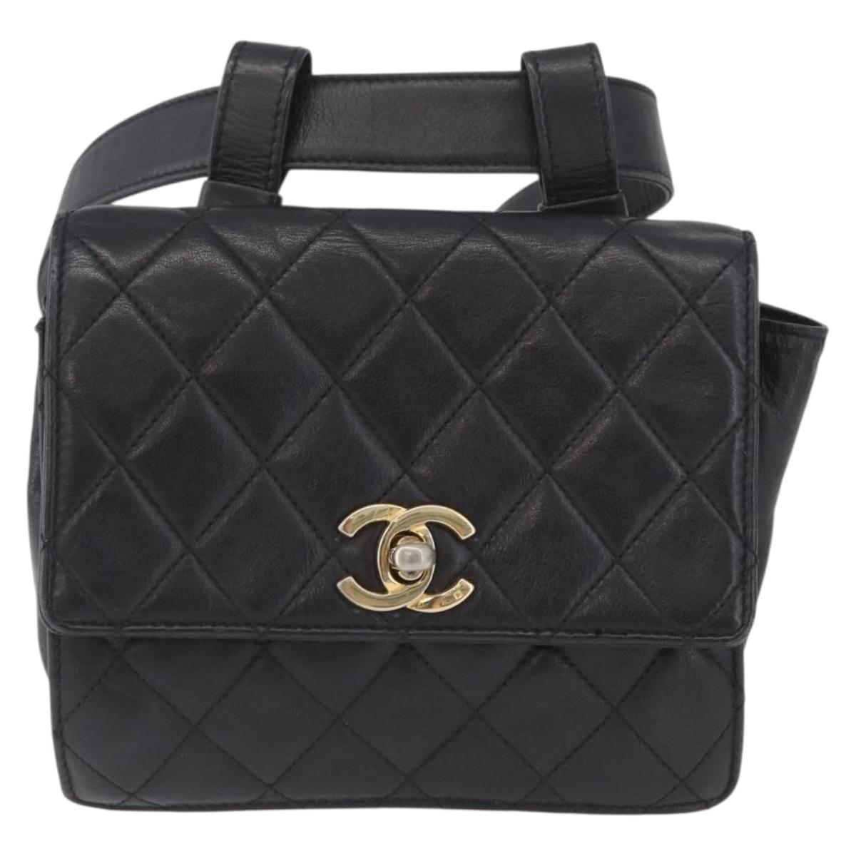 CHANEL Waist Bag Lamb Skin Black Gold CC Auth BA11440A
