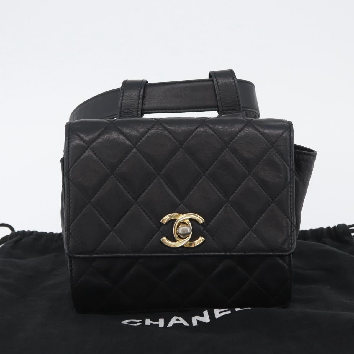 CHANEL Waist Bag Lamb Skin Black Gold CC Auth BA11440A