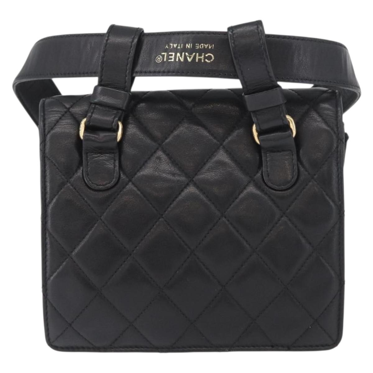 CHANEL Waist Bag Lamb Skin Black Gold CC Auth BA11440A
