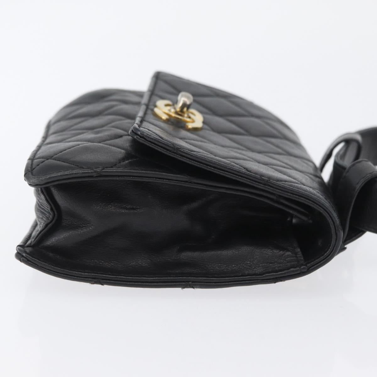 CHANEL Waist Bag Lamb Skin Black Gold CC Auth BA11440A