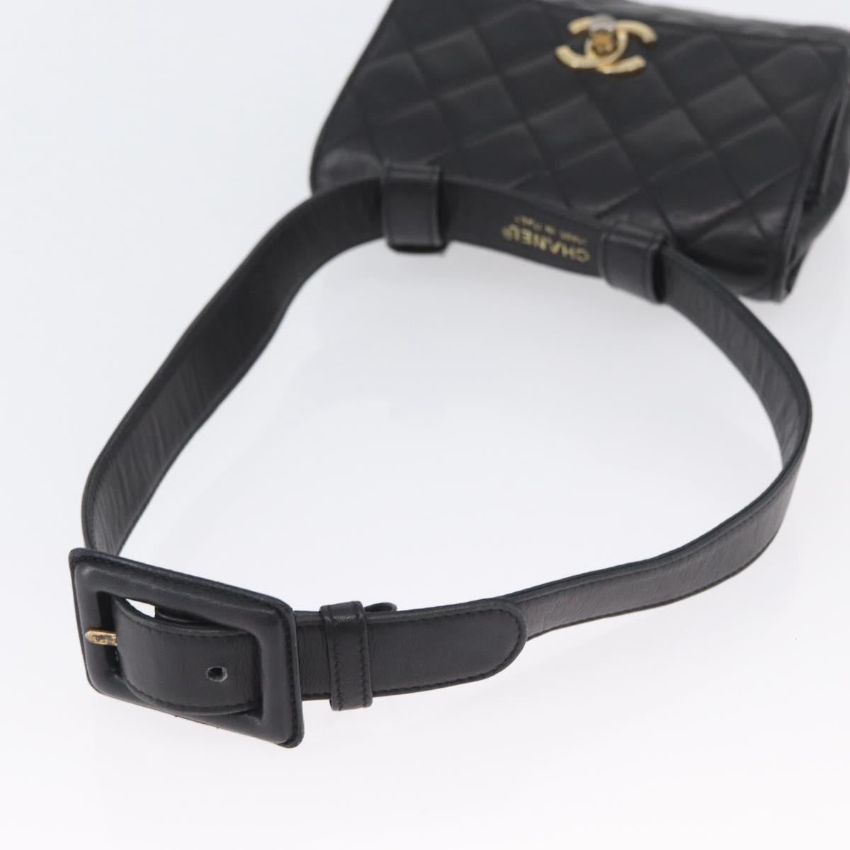 CHANEL Waist Bag Lamb Skin Black Gold CC Auth BA11440A