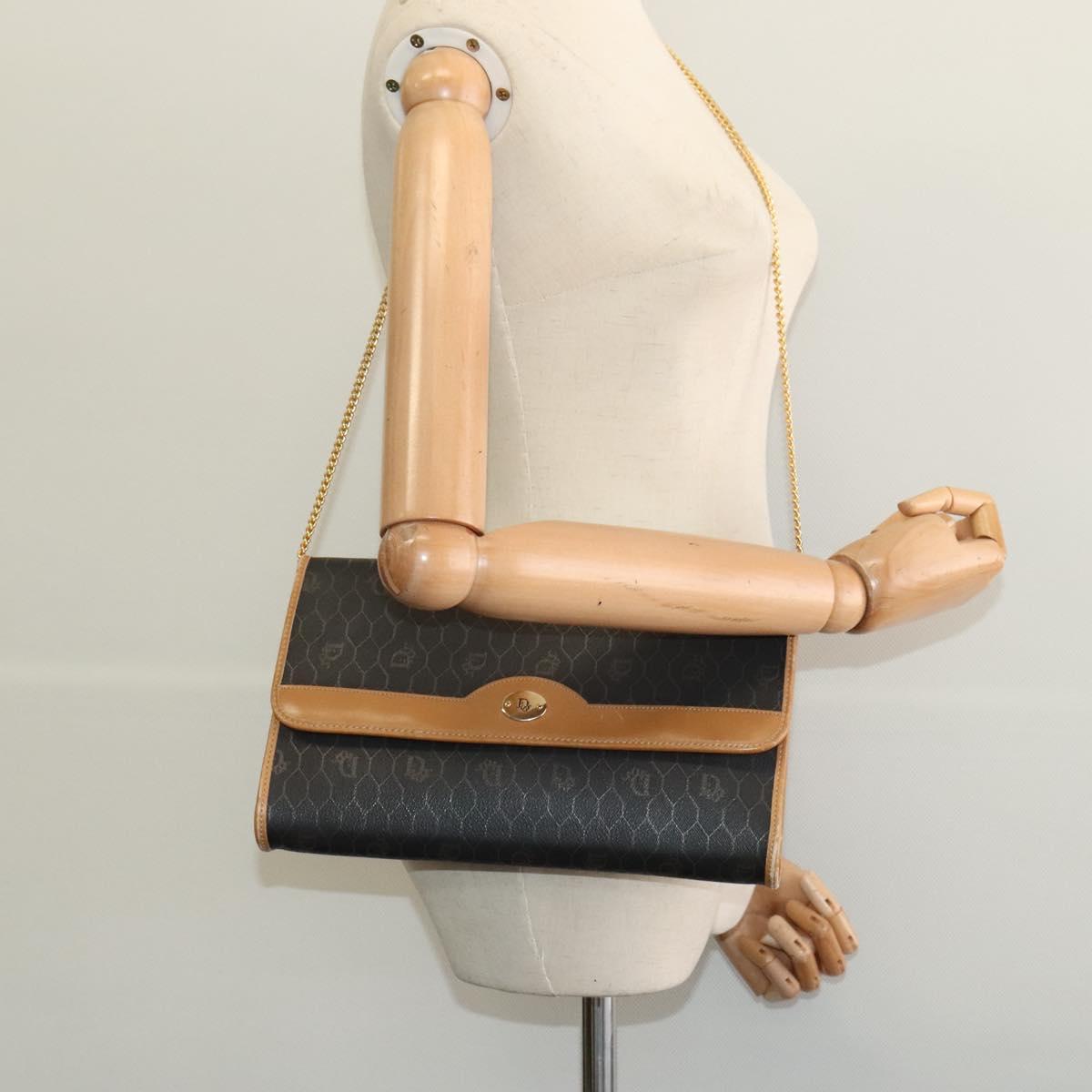 Christian Dior Honeycomb Canvas Chain Shoulder Bag PVC Black Gold Auth BA1145