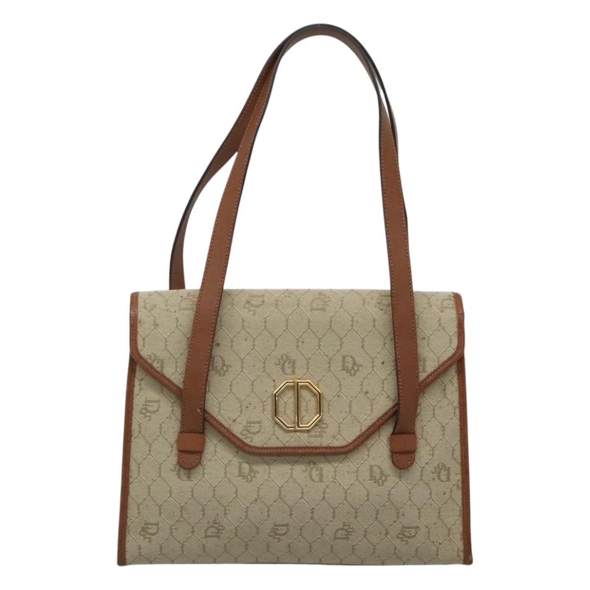 Christian Dior Honeycomb Canvas Shoulder Bag Beige Gold Auth BA1146