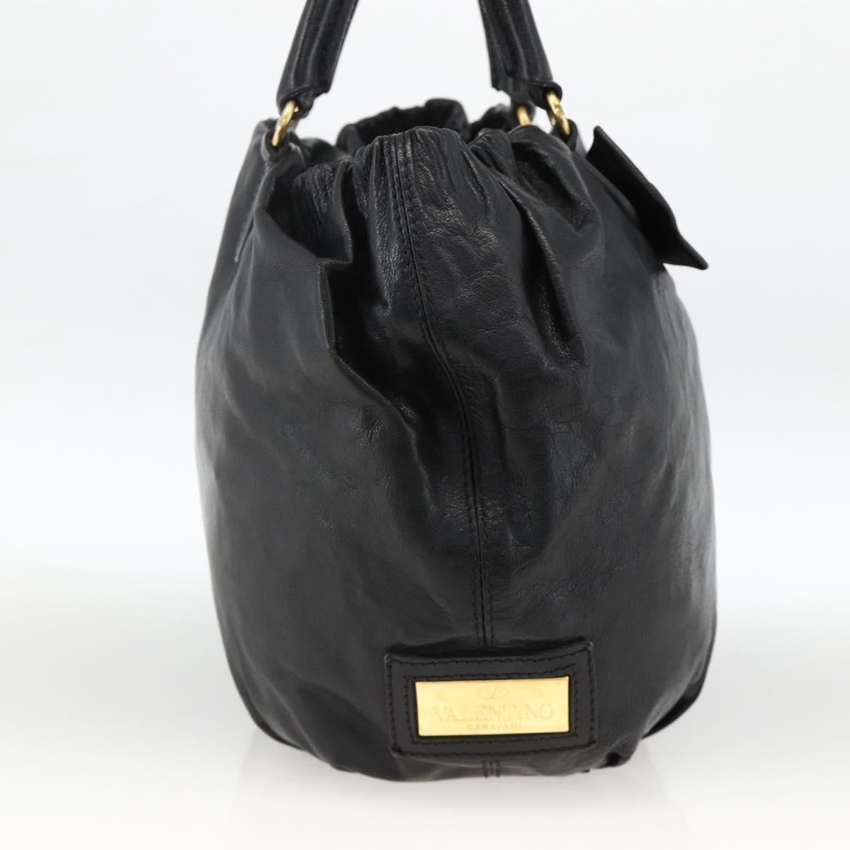 VALENTINO Ribbon Tote Bag Leather Black Gold Auth BA11469