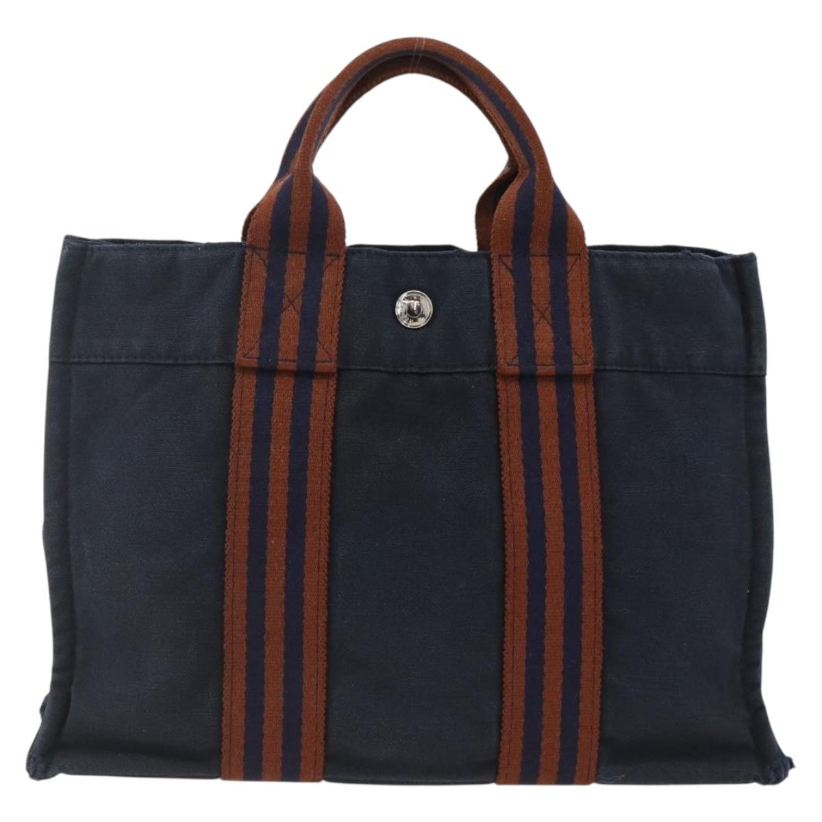 HERMES Fourre Tout PM Tote Bag Canvas Navy Silver Auth BA11564
