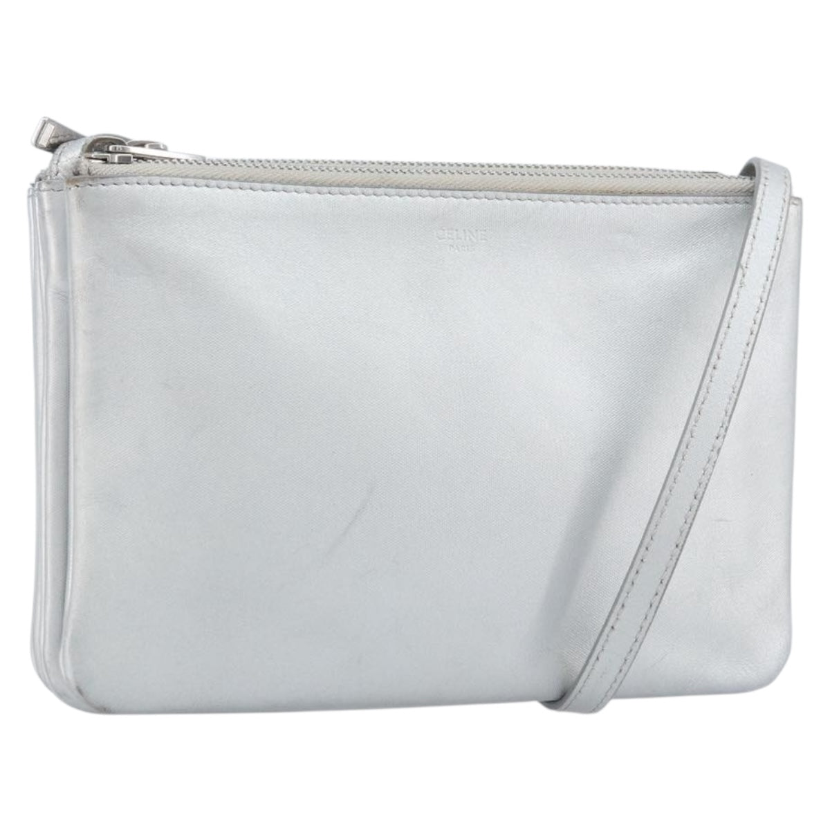 CELINE Shoulder Bag Leather Silver Auth BA11569