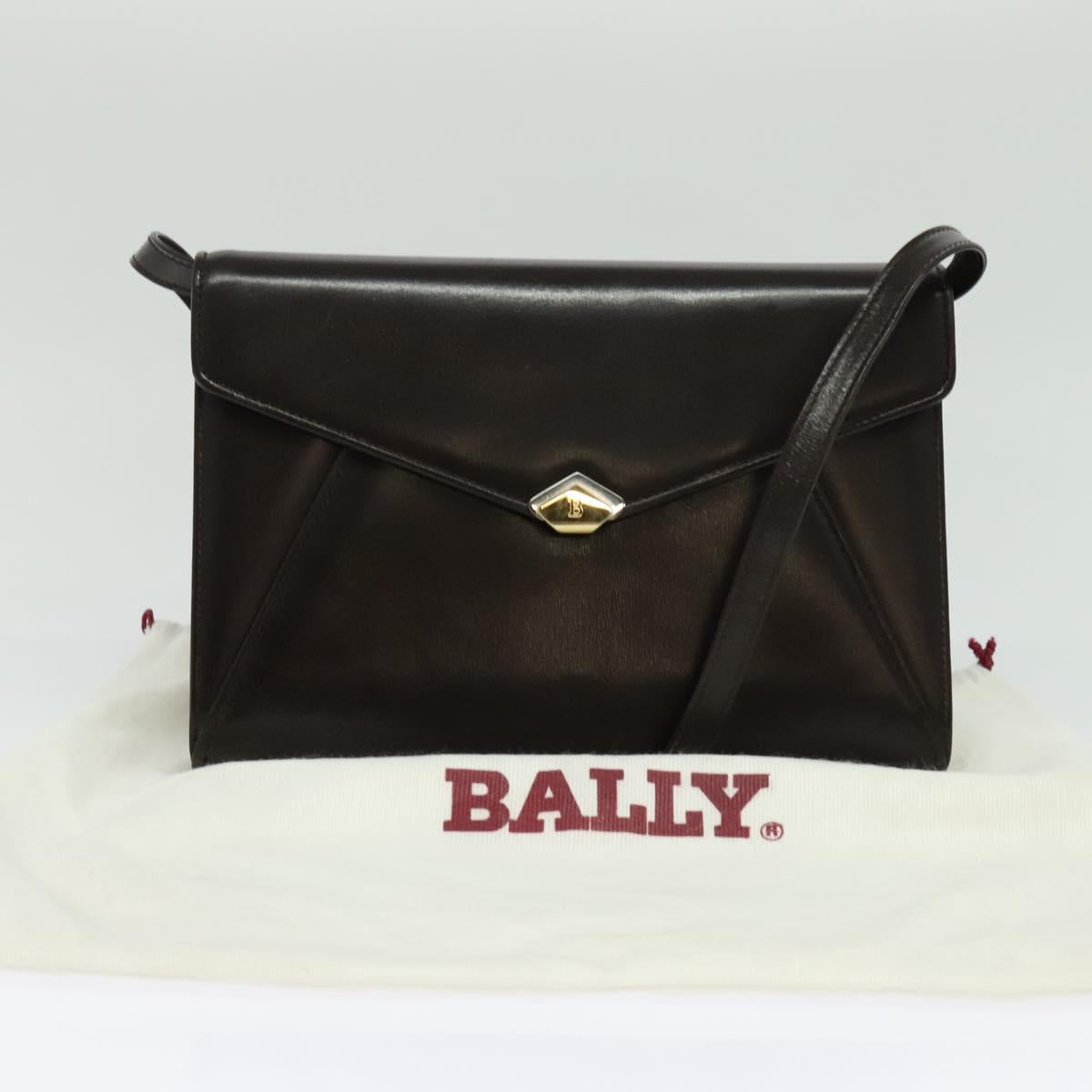 BALLY Shoulder Bag Leather Dark Brown Gold Auth BA1161