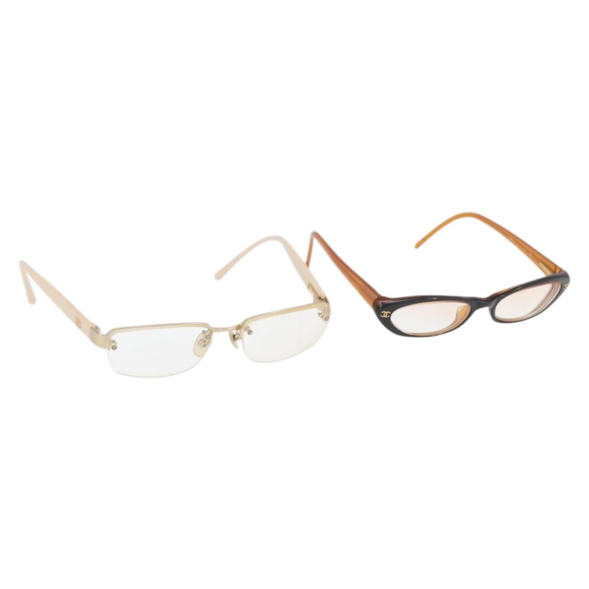 CHANEL Glasses plastic 2 Set Brown Beige CC Auth BA11642