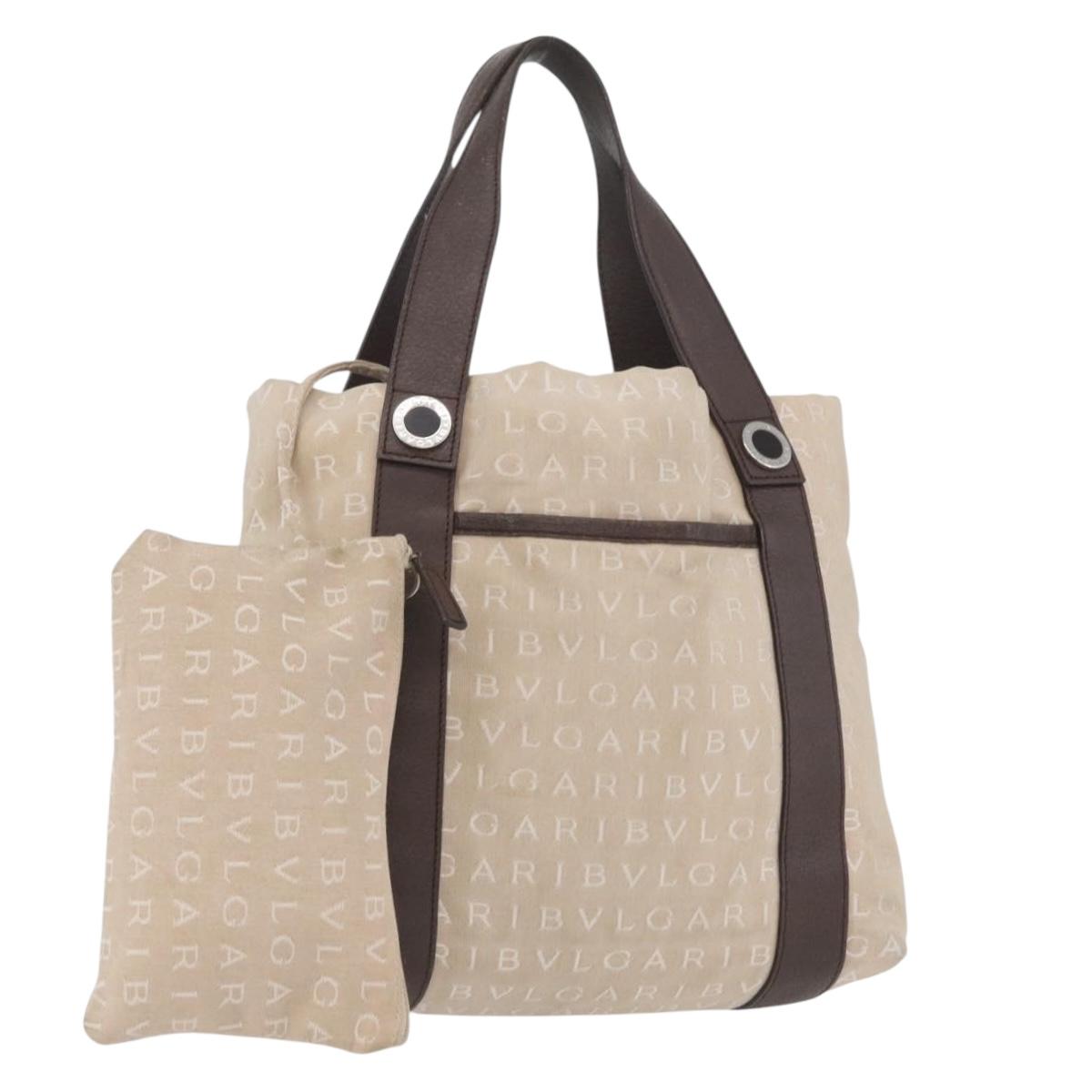 BVLGARI Tote Bag Canvas Beige Silver Auth BA11649