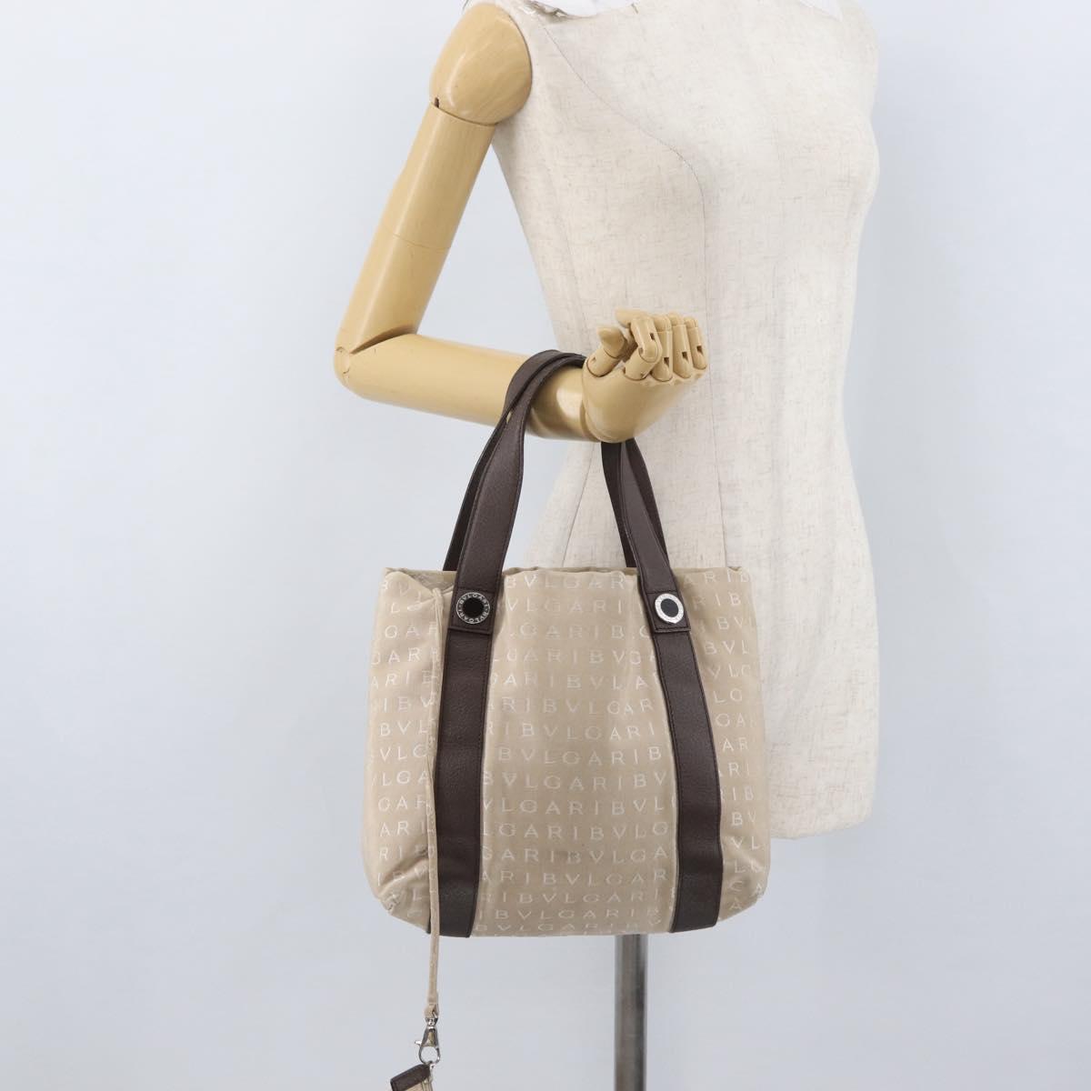 BVLGARI Tote Bag Canvas Beige Silver Auth BA11649