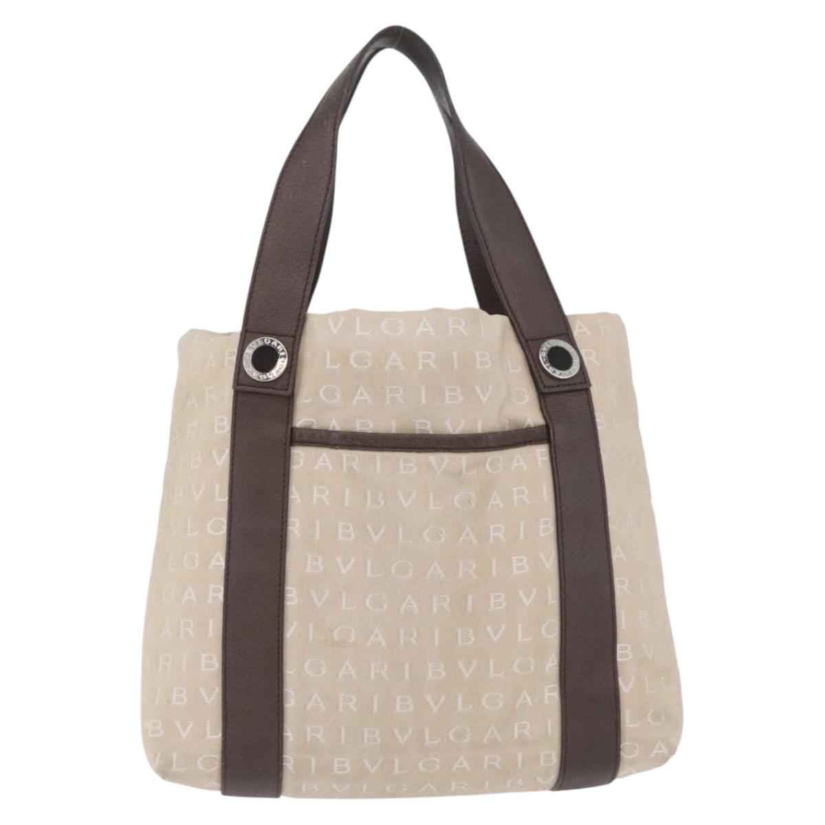 BVLGARI Tote Bag Canvas Beige Silver Auth BA11649