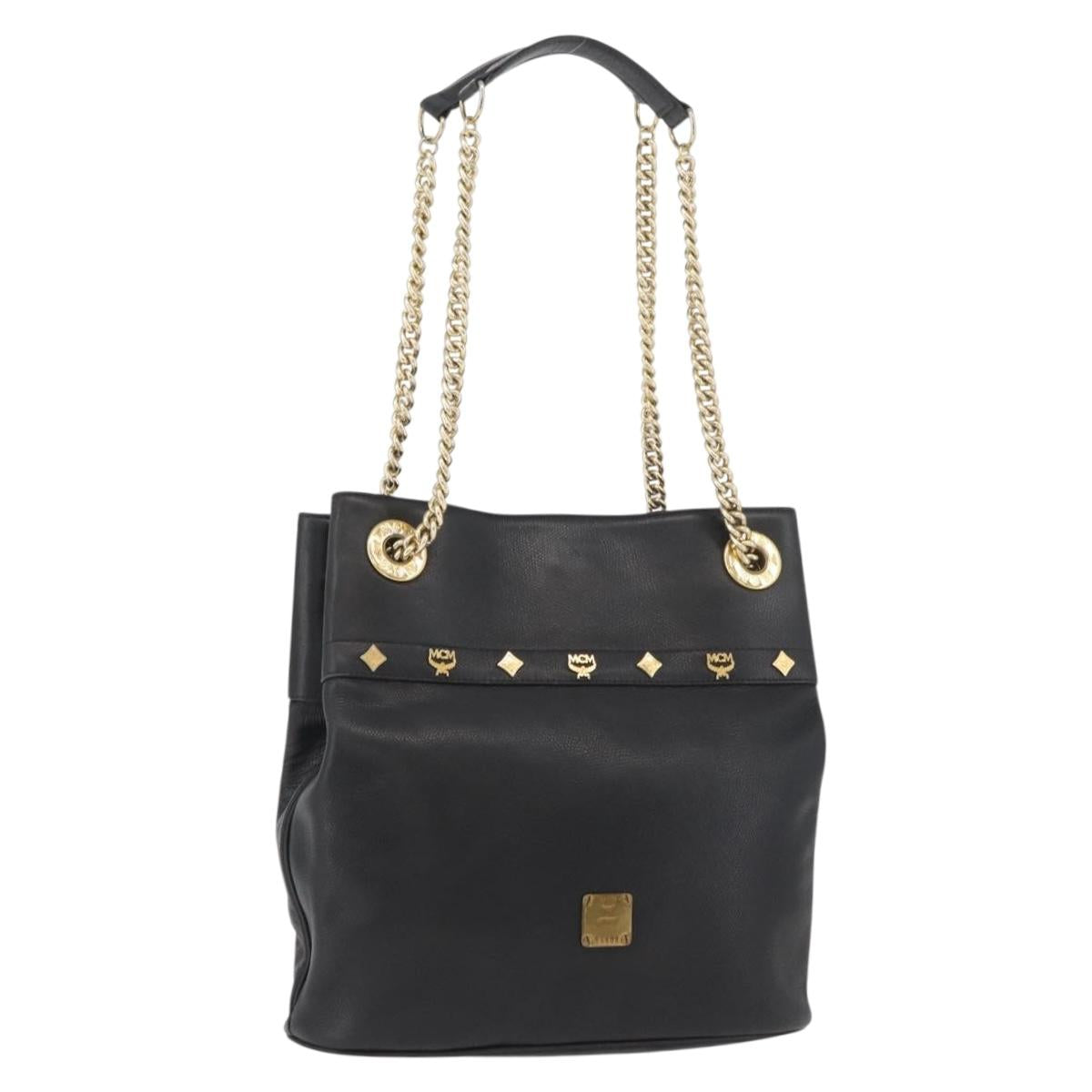 MCM Chain Shoulder Bag Leather Black Gold Auth BA11650
