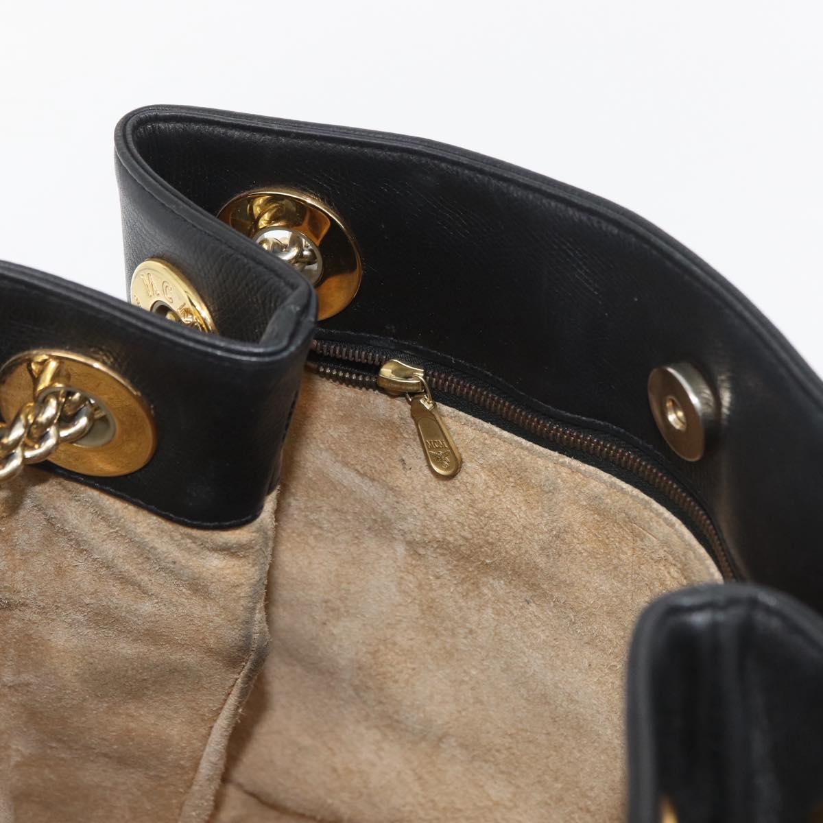 MCM Chain Shoulder Bag Leather Black Gold Auth BA11650