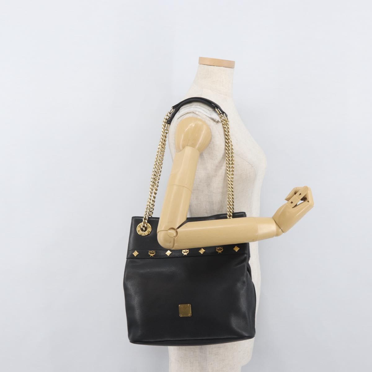 MCM Chain Shoulder Bag Leather Black Gold Auth BA11650