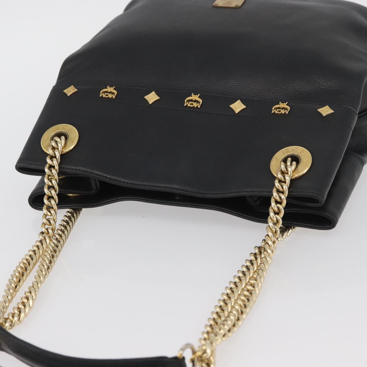 MCM Chain Shoulder Bag Leather Black Gold Auth BA11650