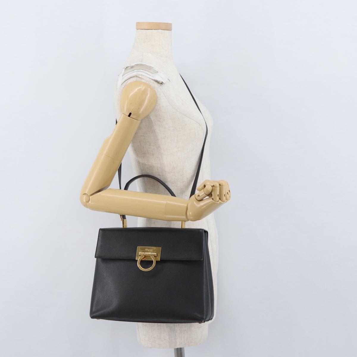 Salvatore Ferragamo Gancini Hand Bag Leather 2way Black Gold Auth BA11707