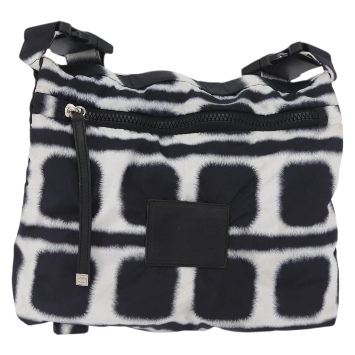 CHANEL Shoulder Bag Nylon Black White Silver CC Auth BA11713A