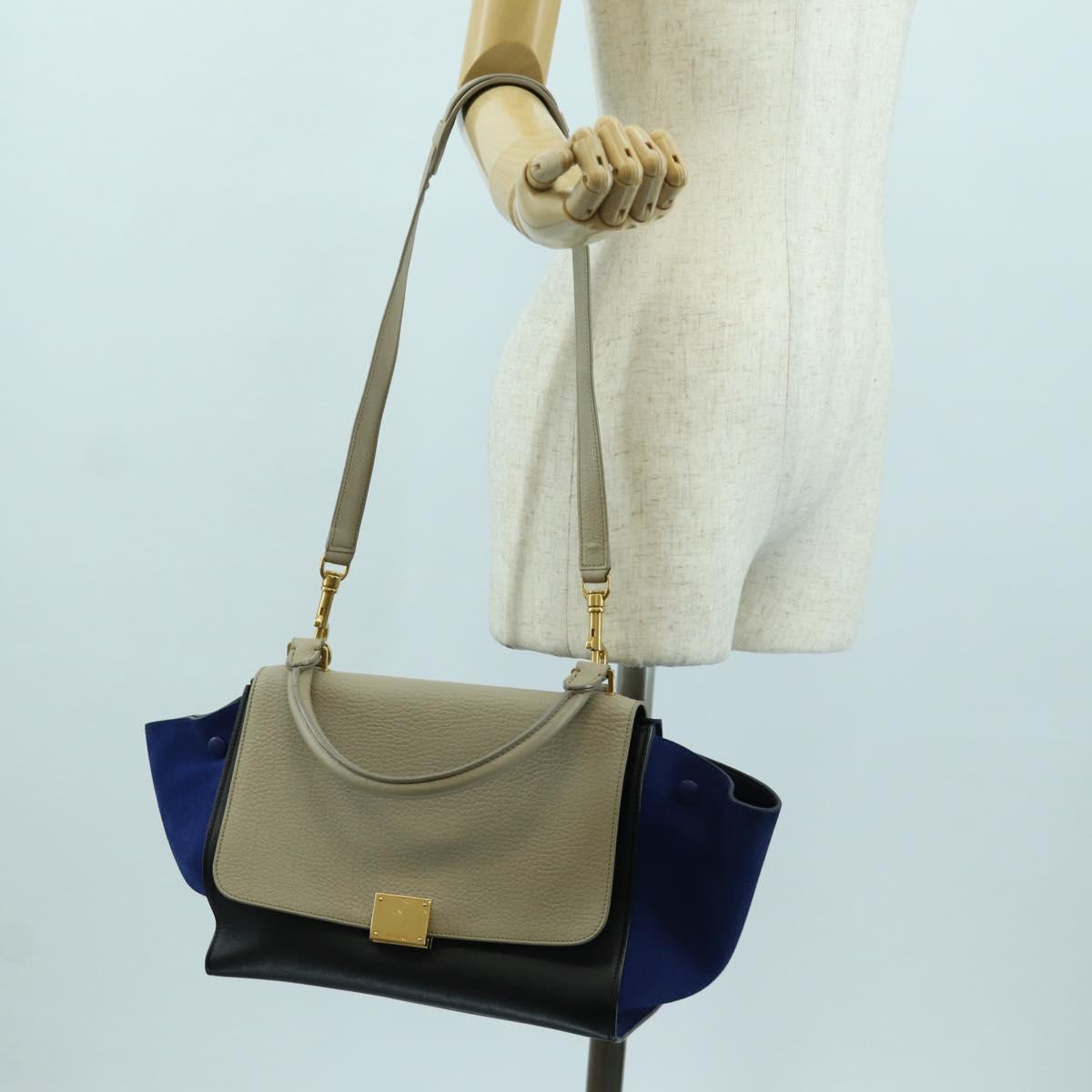 CELINE Trapeze Hand Bag Leather 2way Blue Silver Auth BA11737A
