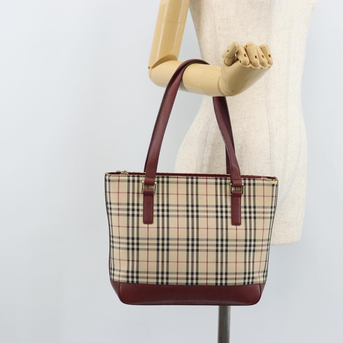 BURBERRY Nova Check Hand Bag Canvas Beige Gold Auth BA11740