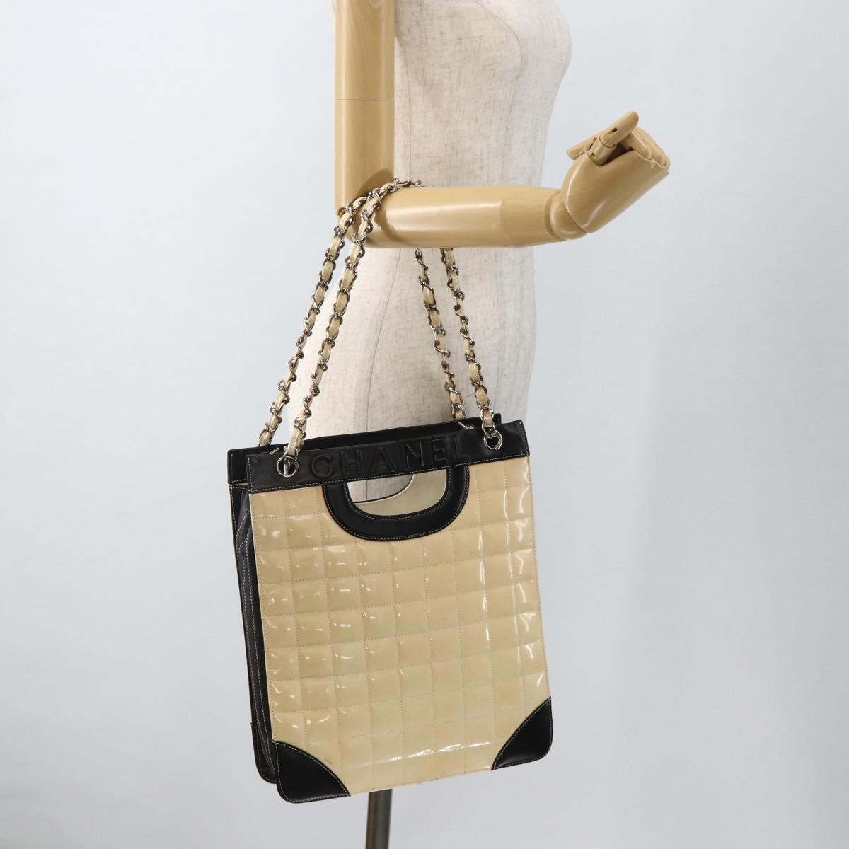 CHANEL Choco Bar Chain Shoulder Bag Patent Leather Beige Silver CC Auth BA11764A