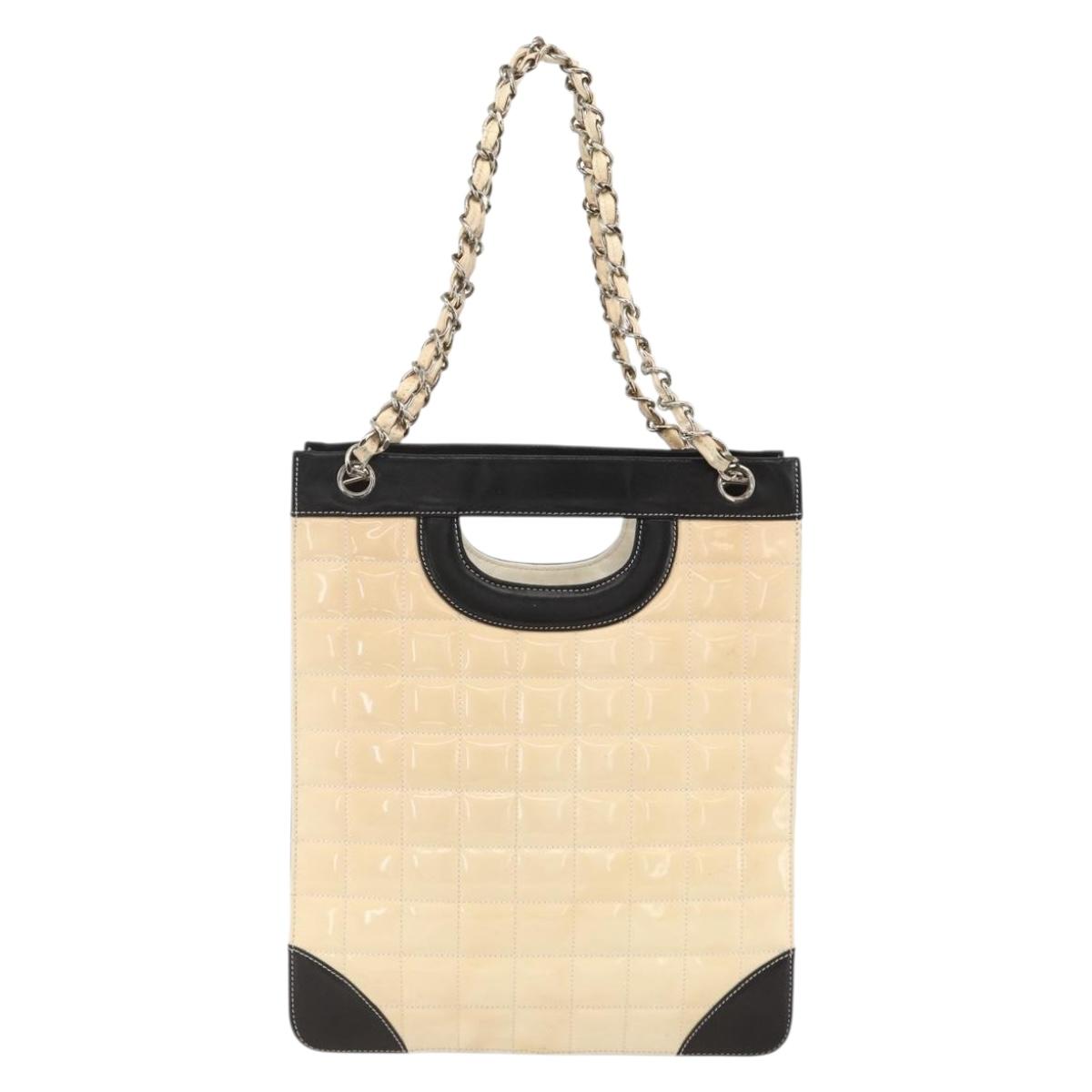 CHANEL Choco Bar Chain Shoulder Bag Patent Leather Beige Silver CC Auth BA11764A