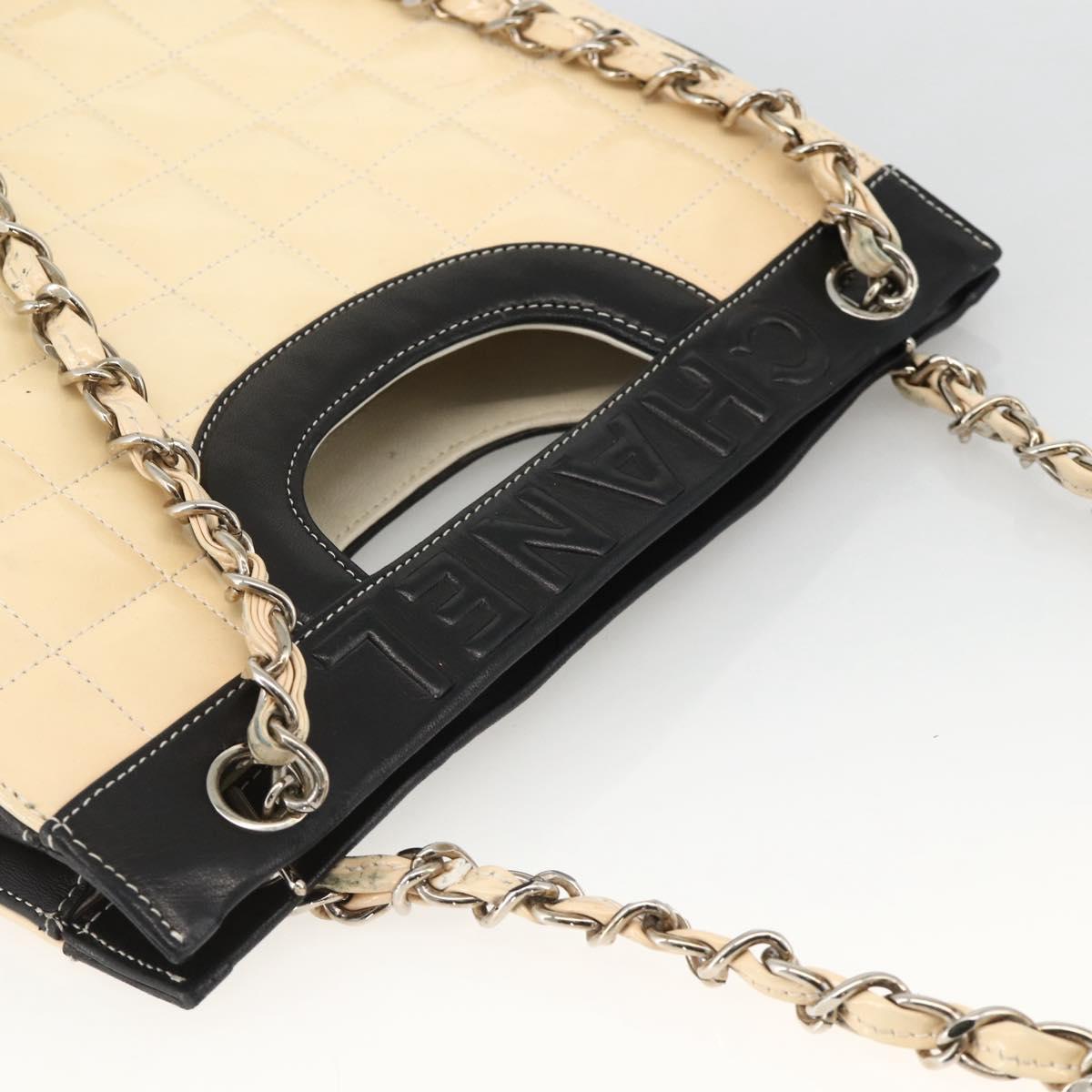 CHANEL Choco Bar Chain Shoulder Bag Patent Leather Beige Silver CC Auth BA11764A