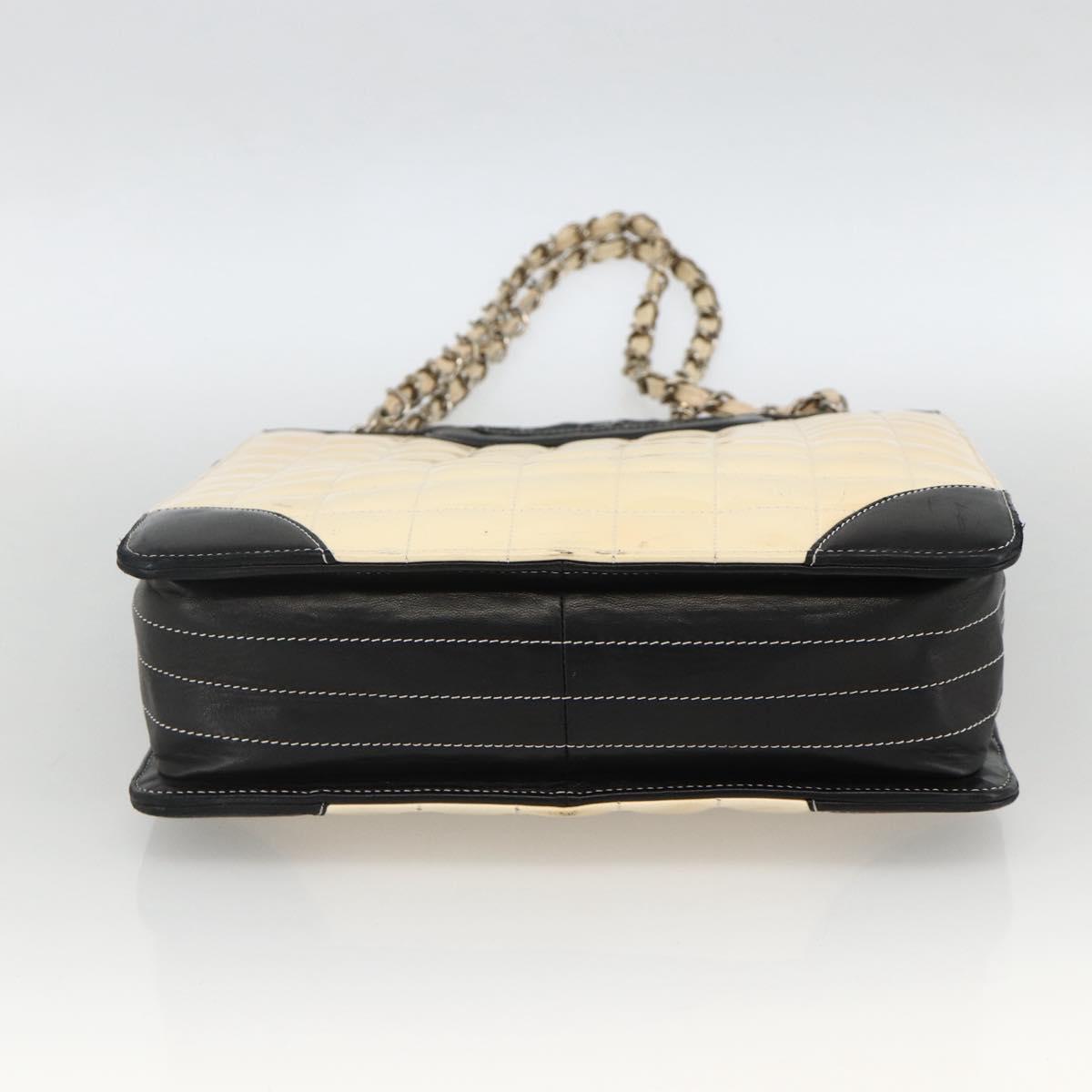 CHANEL Choco Bar Chain Shoulder Bag Patent Leather Beige Silver CC Auth BA11764A