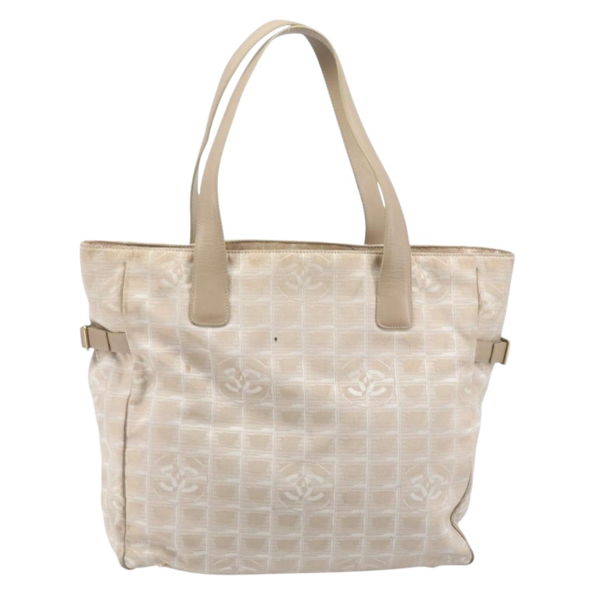 CHANEL New Travel Line Tote Bag Nylon Beige Gold CC Auth BA11779