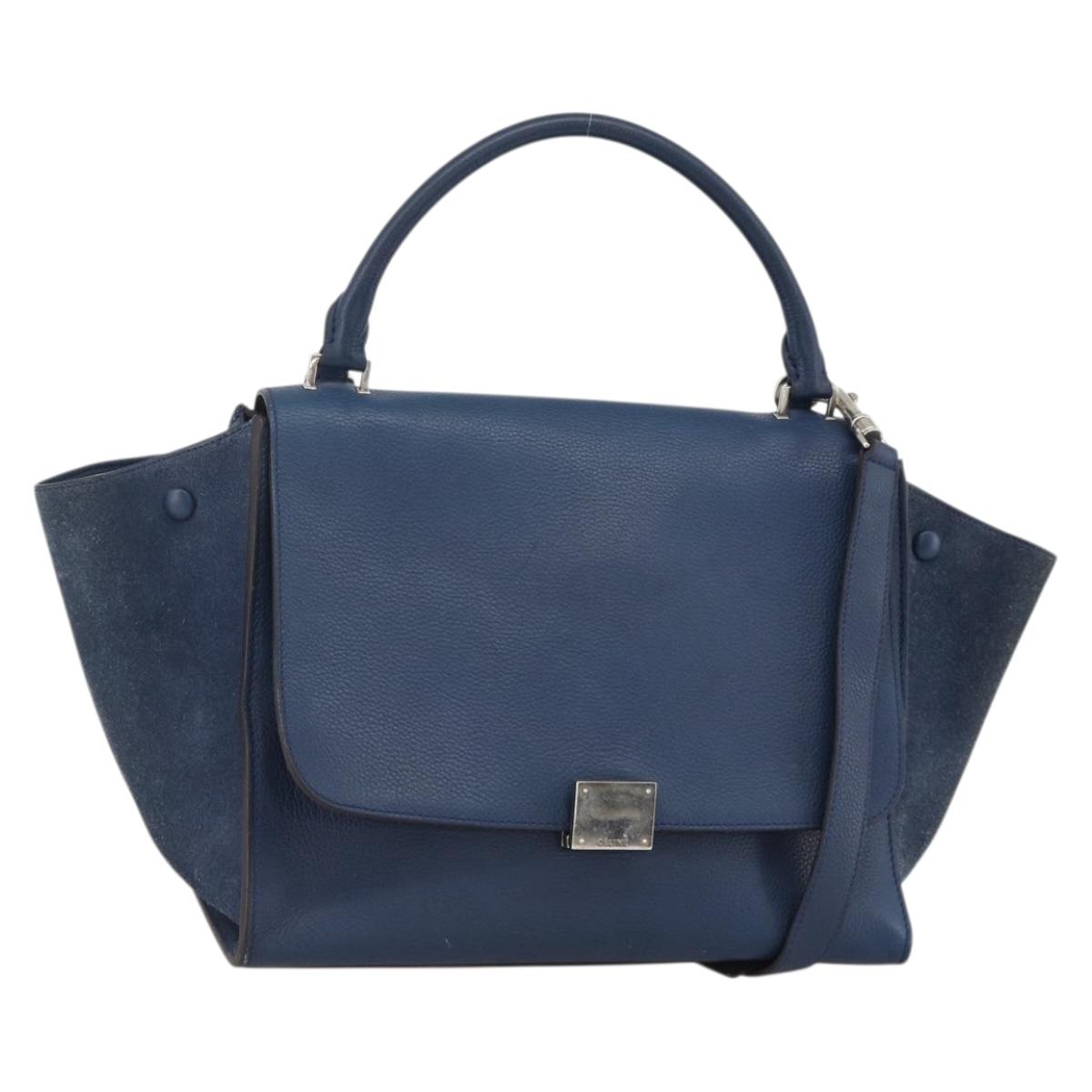 CELINE Trapeze Hand Bag Leather 2way Blue Silver Auth BA11785A