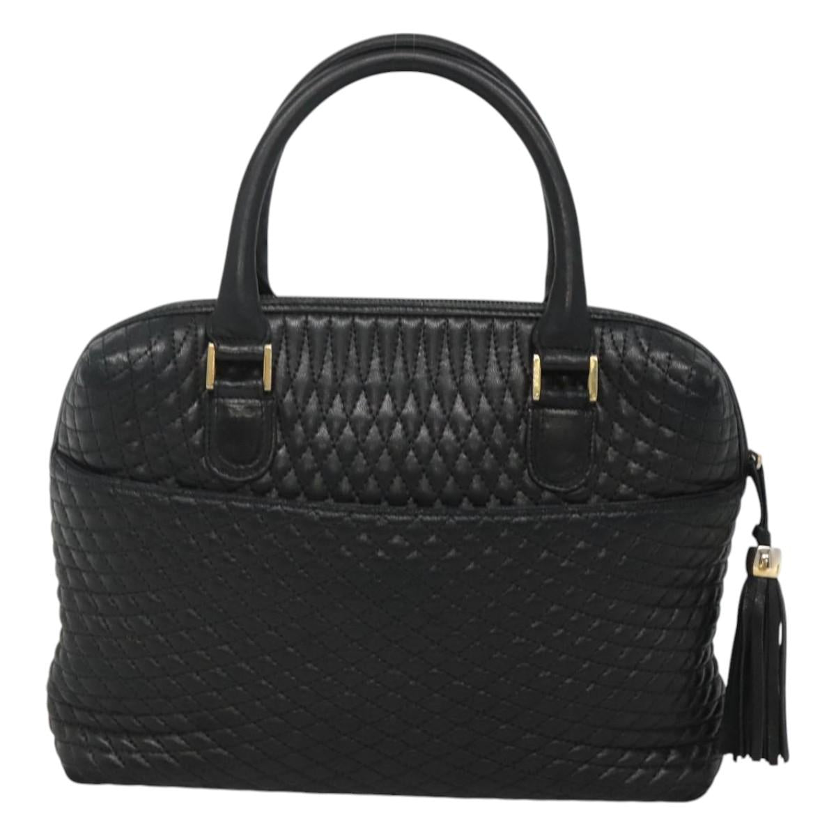 BALLY Quilted Hand Bag Leather Black Gold Auth BA1181