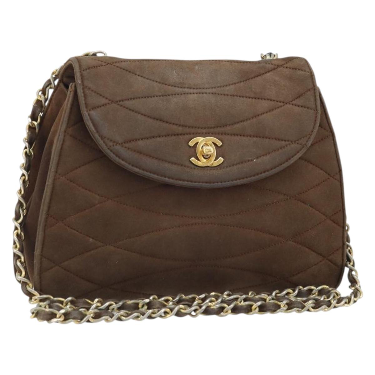 CHANEL Chain Shoulder Bag Suede Brown Gold CC Auth BA11810