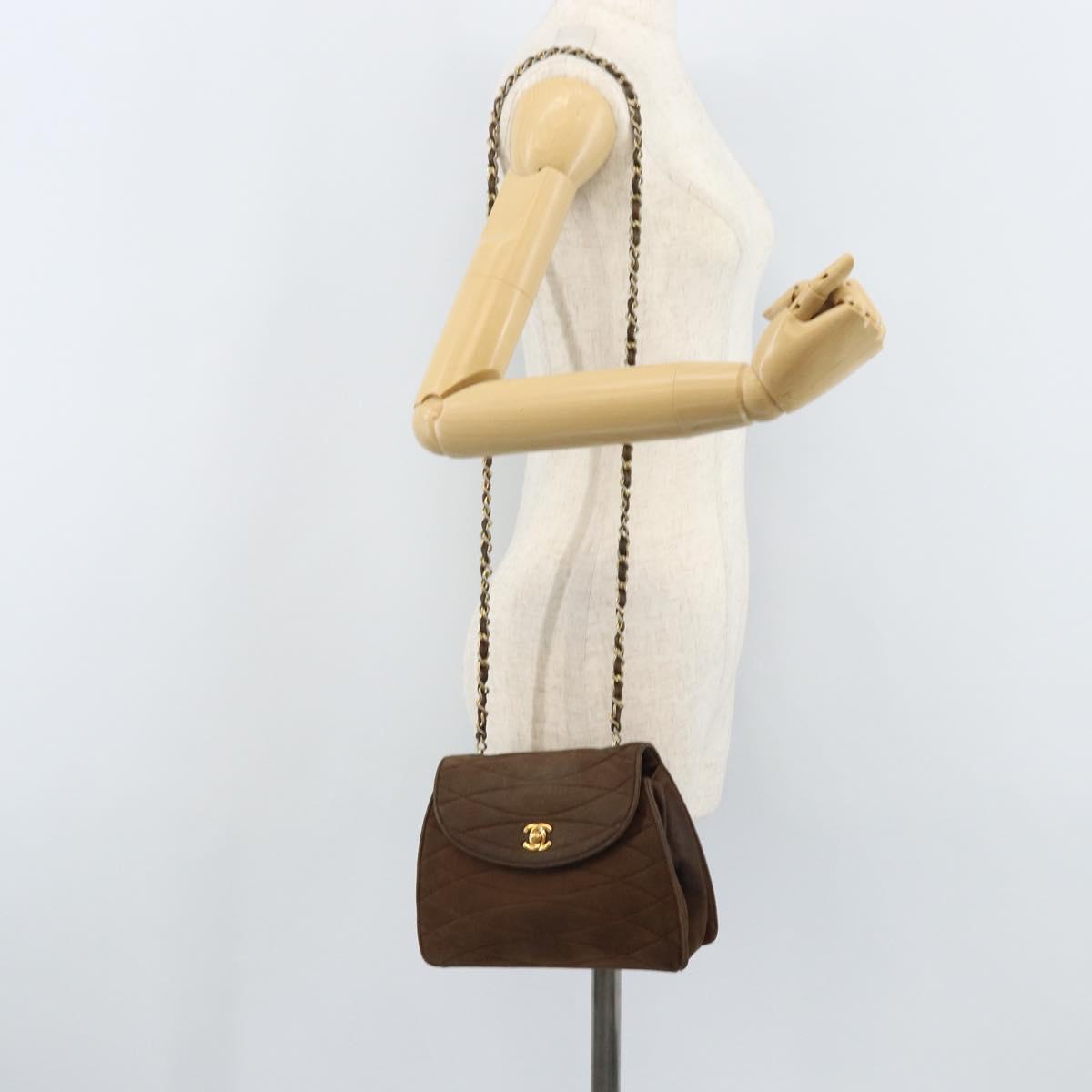 CHANEL Chain Shoulder Bag Suede Brown Gold CC Auth BA11810