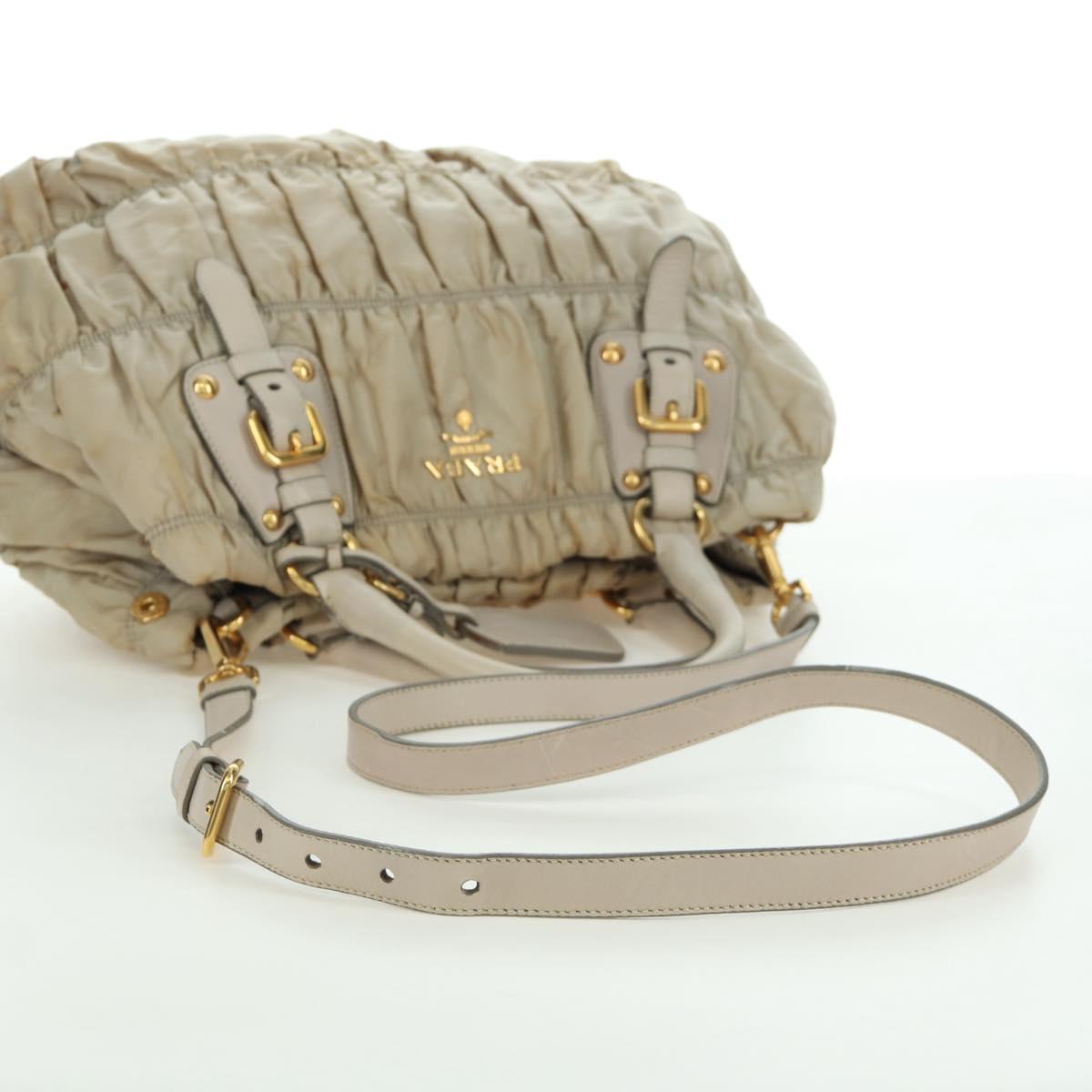 PRADA Gathered Hand Bag Nylon 2way Beige Gold Auth BA11812A