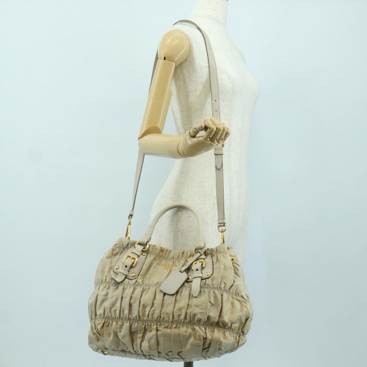 PRADA Gathered Hand Bag Nylon 2way Beige Gold Auth BA11812A
