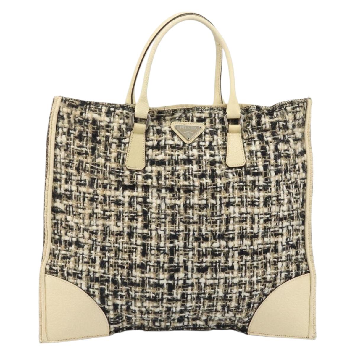 PRADA Hand Bag Tweed Beige Silver Auth BA11824A