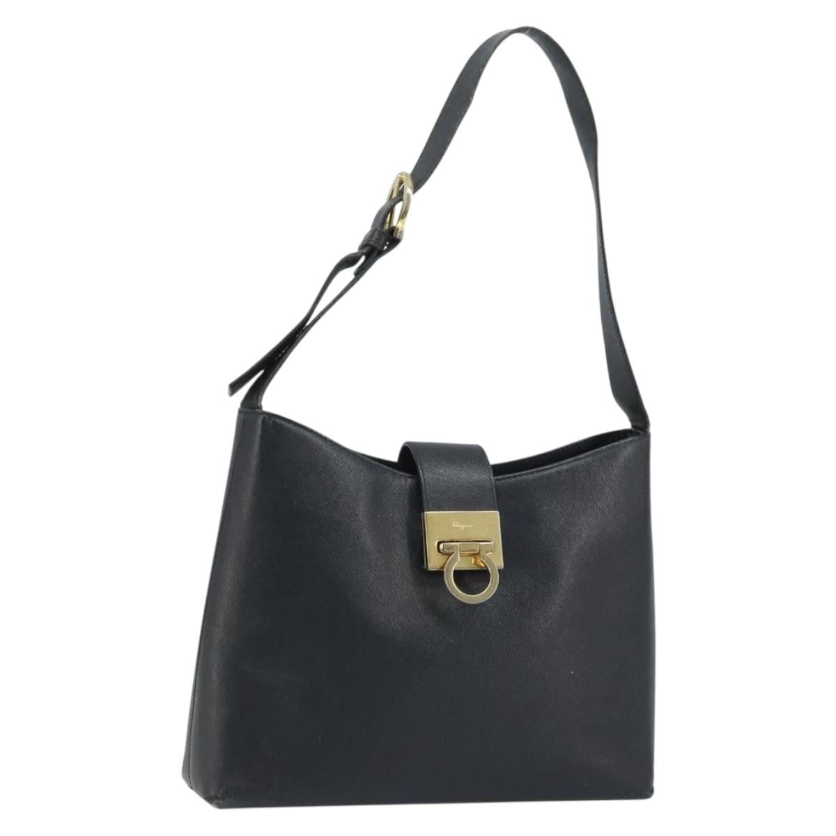 Salvatore Ferragamo Gancini Shoulder Bag Leather Black Gold Auth BA11825