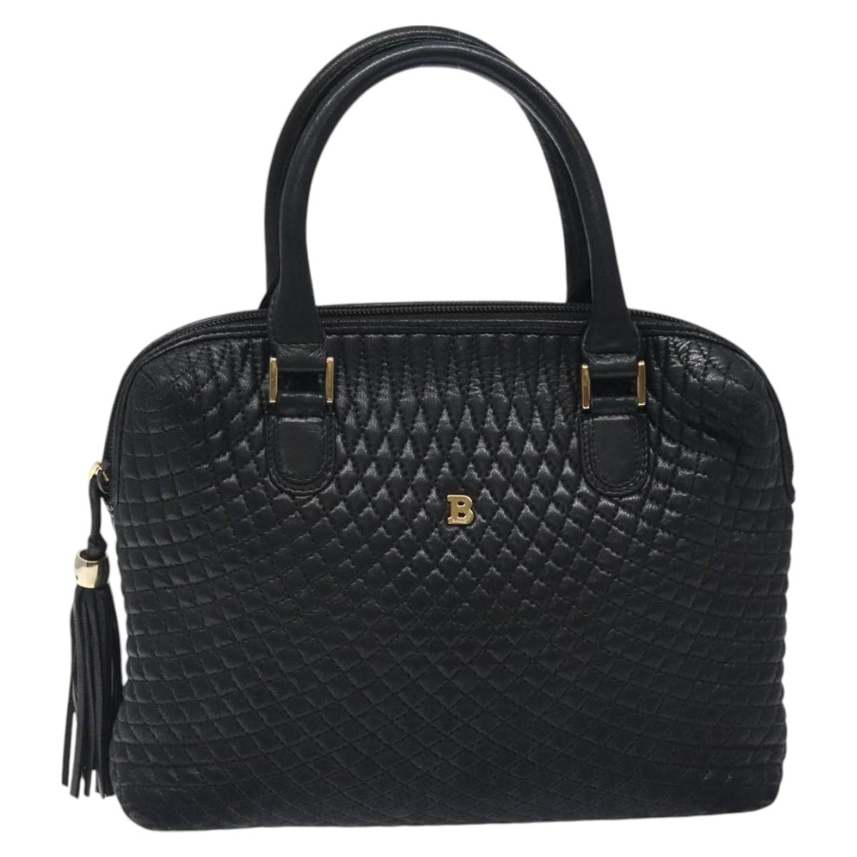 BALLY Quilted Hand Bag Leather Black Gold Auth BA1183