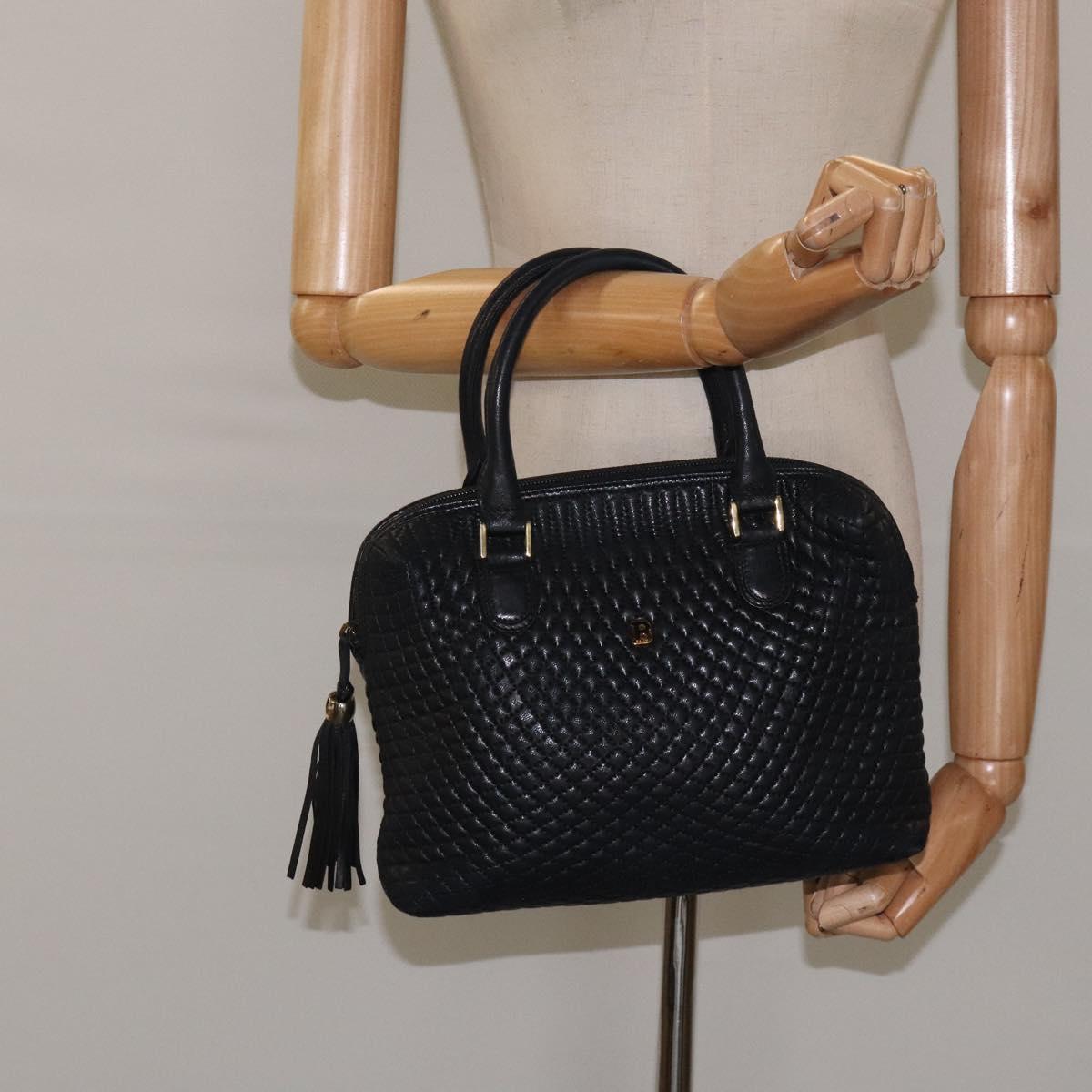 BALLY Quilted Hand Bag Leather Black Gold Auth BA1183