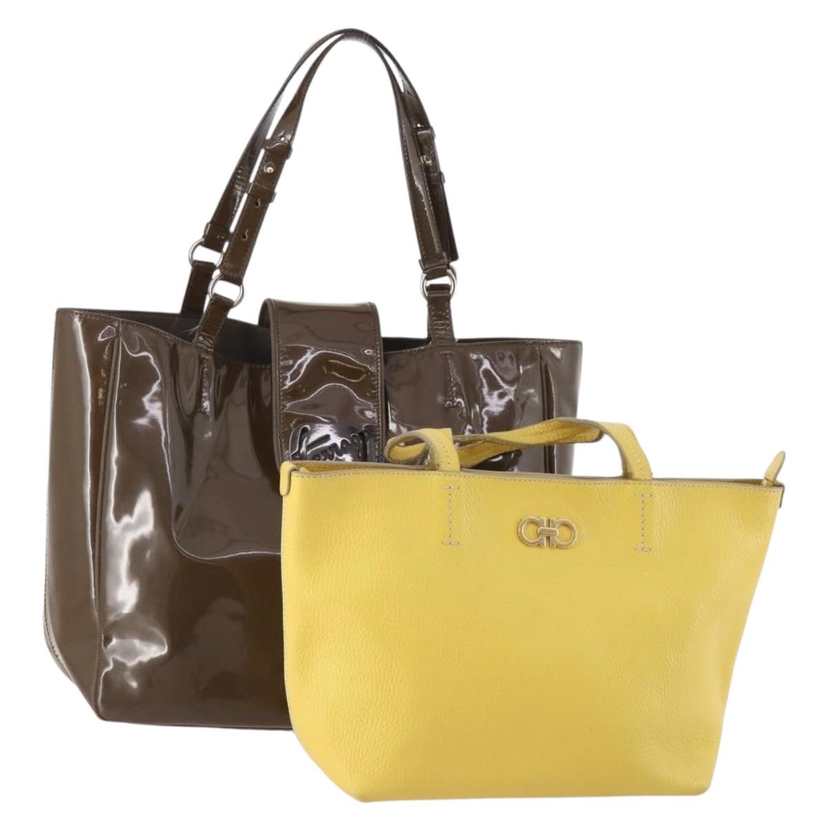 Salvatore Ferragamo Bag Leather Patent leather 2 Set Brown Yellow Auth BA11843