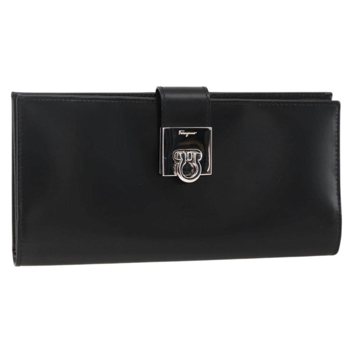 Salvatore Ferragamo Gancini Long Wallet Leather Black Silver Auth BA11875A