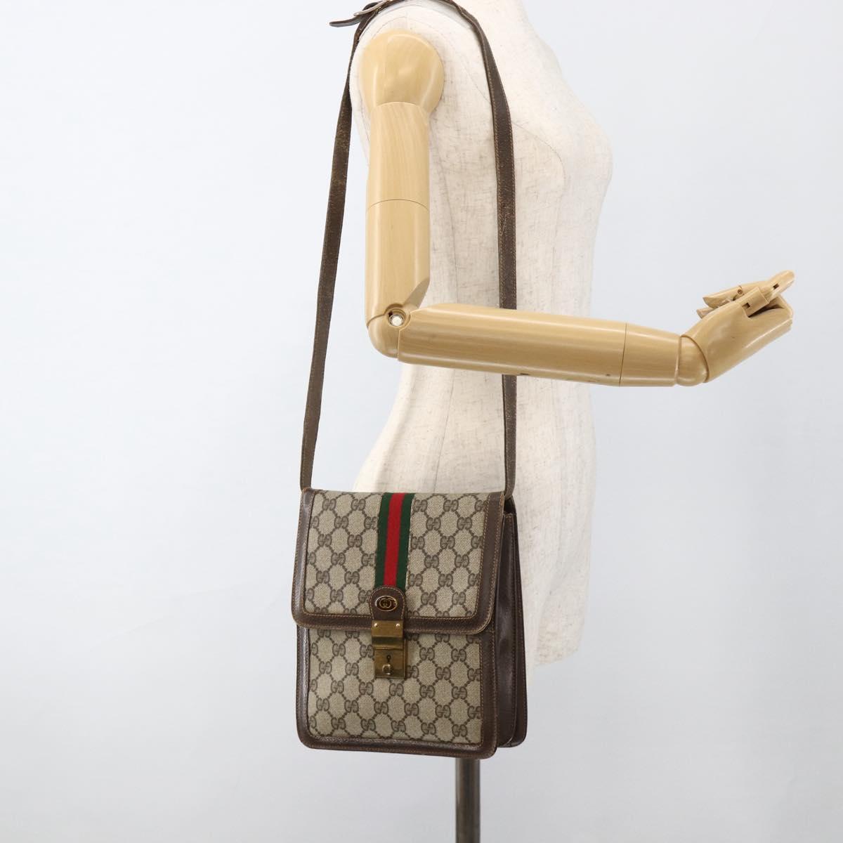 GUCCI GG Supreme Web Sherry Line Shoulder Bag PVC Beige Gold 145857 Auth BA11894