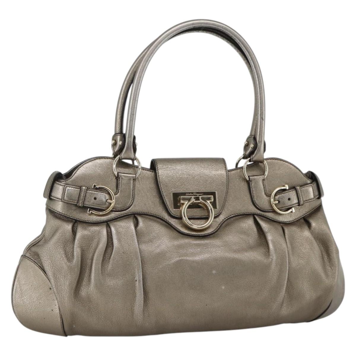 Salvatore Ferragamo Gancini Hand Bag Leather Gold Silver Auth BA11899