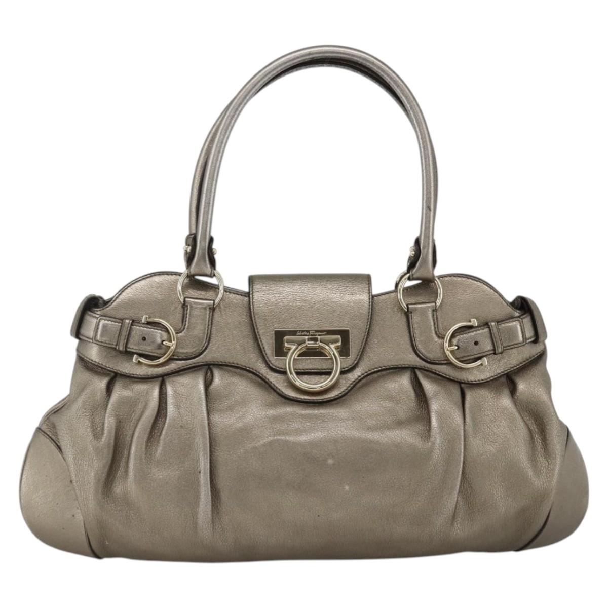 Salvatore Ferragamo Gancini Hand Bag Leather Gold Silver Auth BA11899