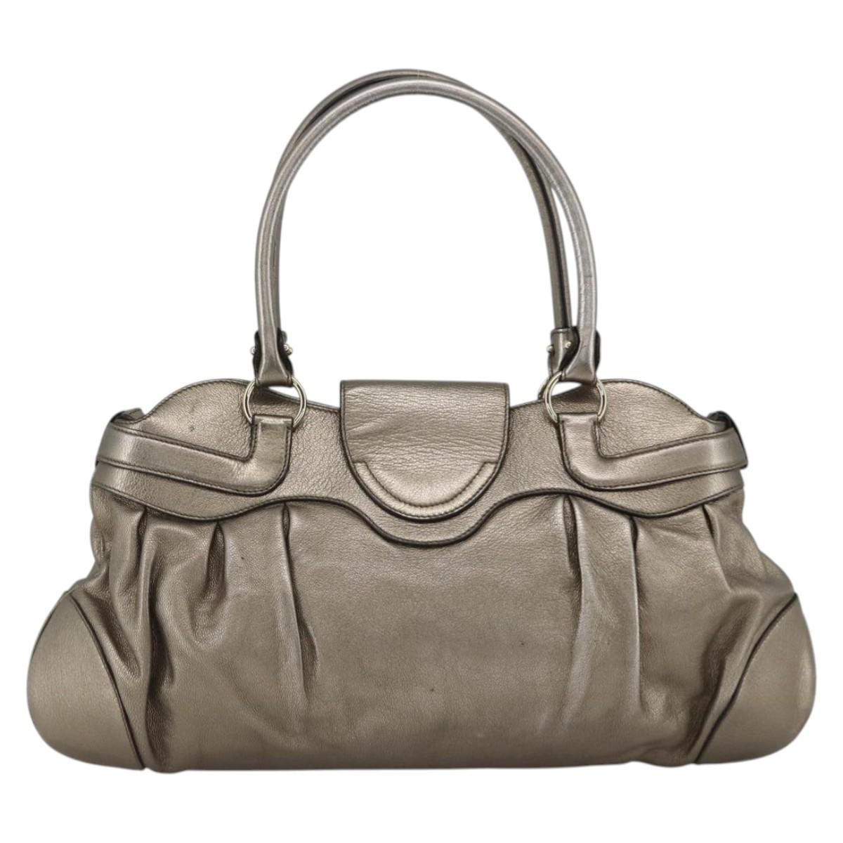 Salvatore Ferragamo Gancini Hand Bag Leather Gold Silver Auth BA11899
