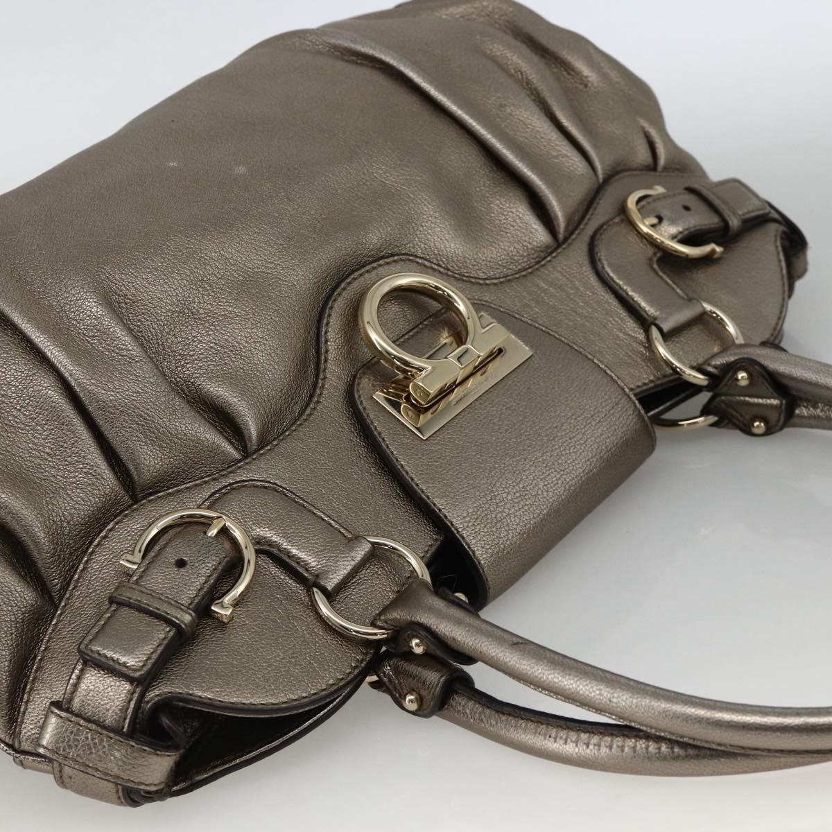 Salvatore Ferragamo Gancini Hand Bag Leather Gold Silver Auth BA11899